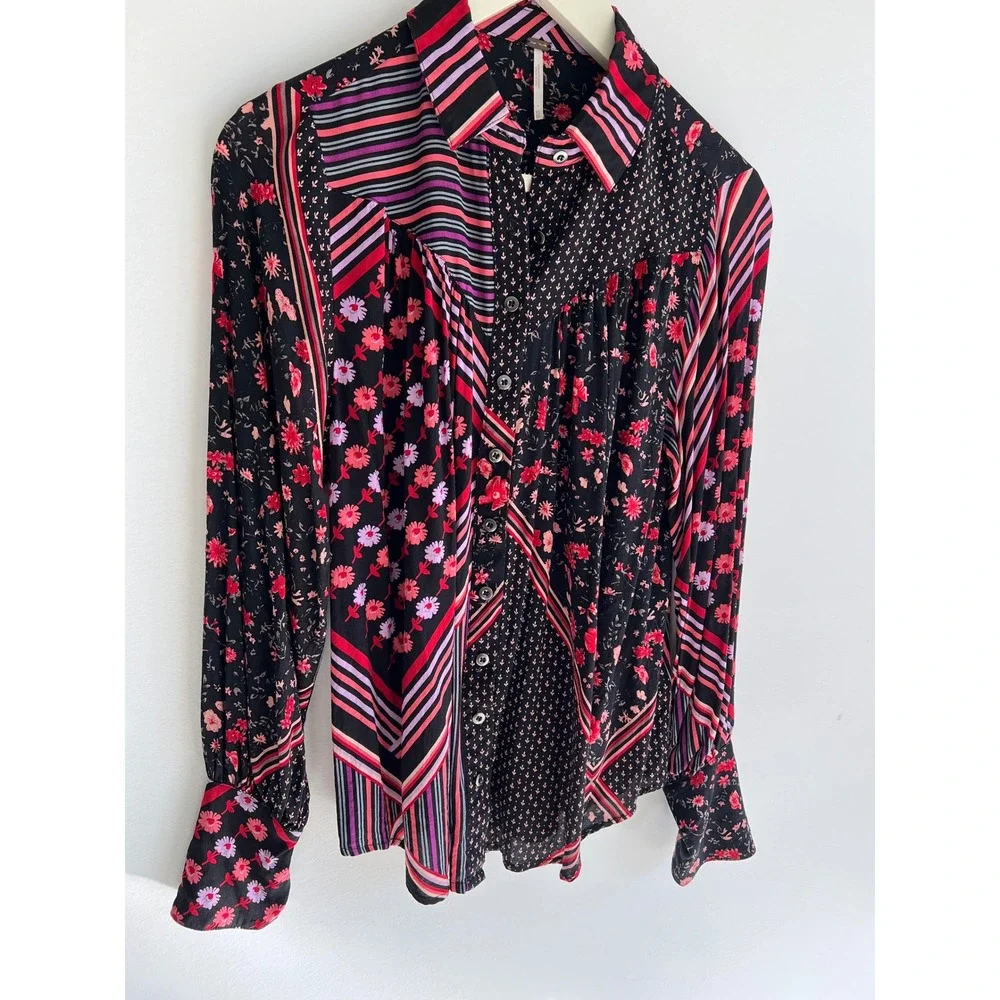 Free People Hazel Buttondown Black Combo Floral Stripe‎ Blouse XS Boho Top